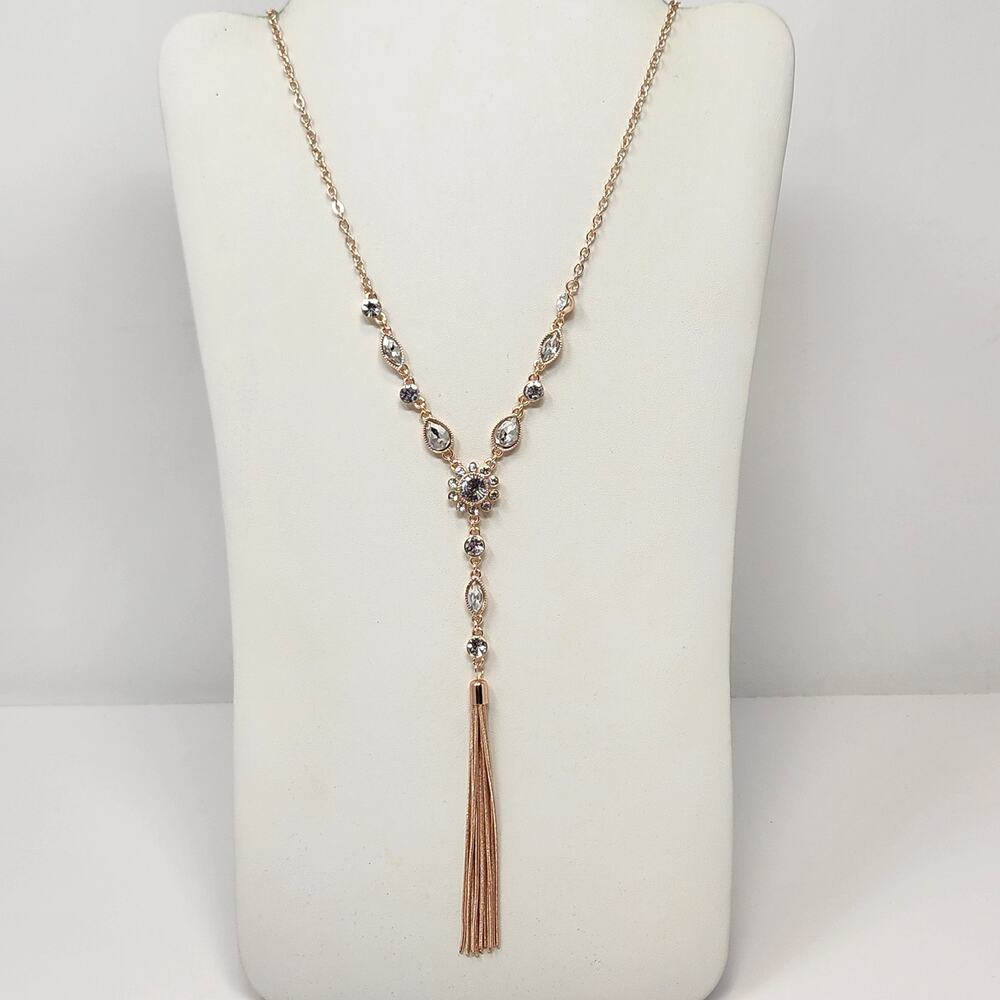 Tahari Rose Gold Tone Crystal Y Drop Statement Necklace Metal Tassel Adjustable
